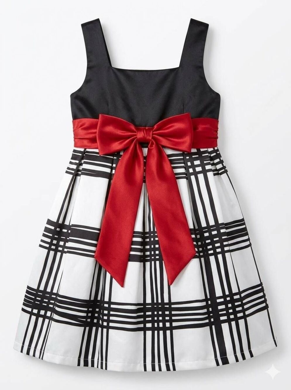 ๐Vintage City Triangles White & Black Satin w/Red Belted Tie Sleeveless Dress S